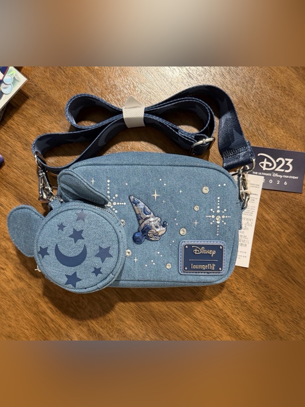 D23 2026 Disney Loungefly Sorcerer Mickey Denim Blue Crossbody Bag w/ Coin Pouch